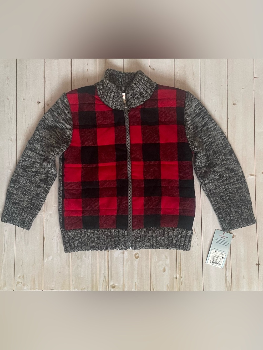Cat & Jack Red and Black Buffalo Plaid Knit-Sleeve Zip Jacket